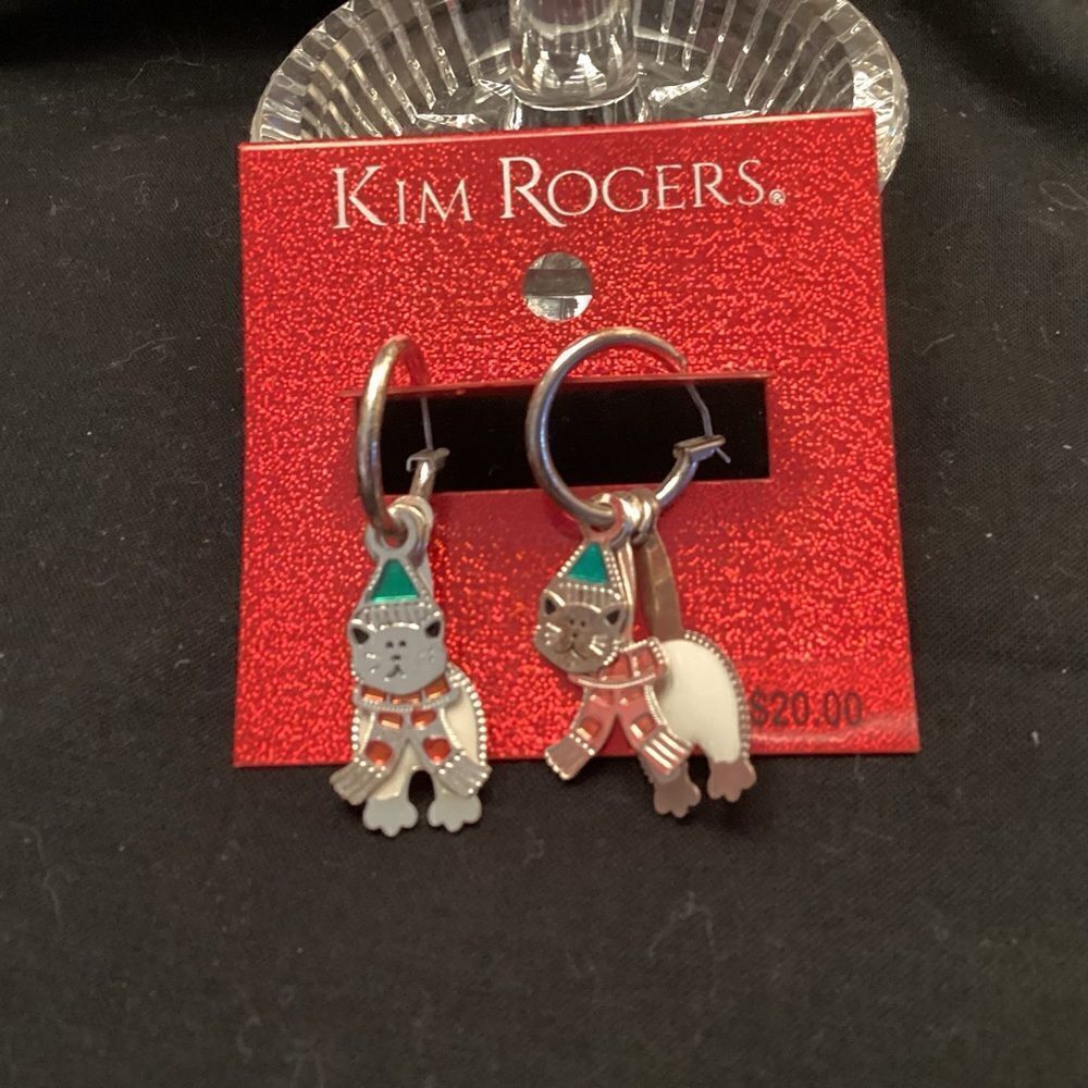 Kim Rogers Brand 3-Layer Kitty Cat Charm Earrings on 1/2” Diameter Hoops